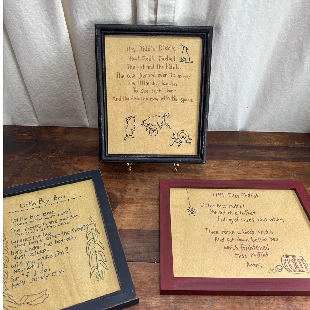 Lisa Johnson Primitive Children's Nursery Rhymes Embroidered Sampler Framed Art